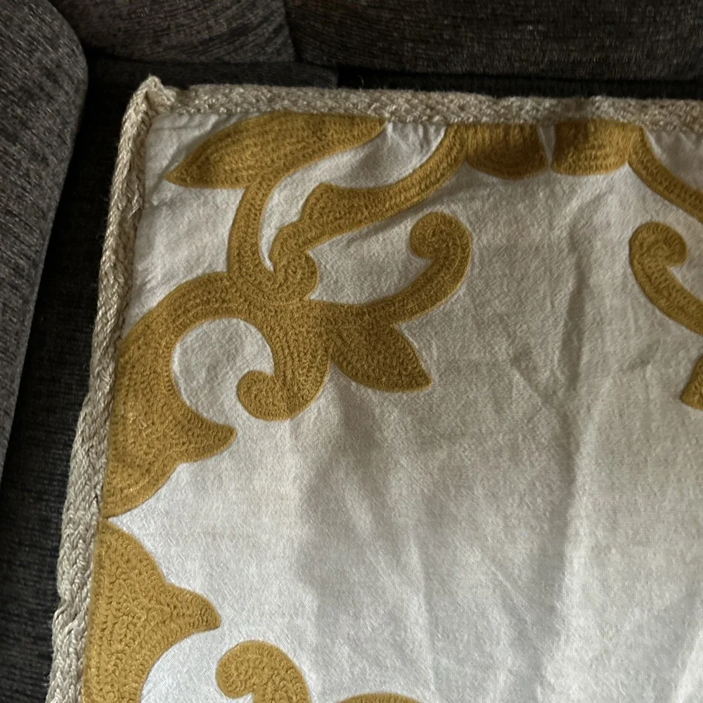 Vintage Pier One Imports Embroidered Jute Decorative Yellow scroll Pillow case